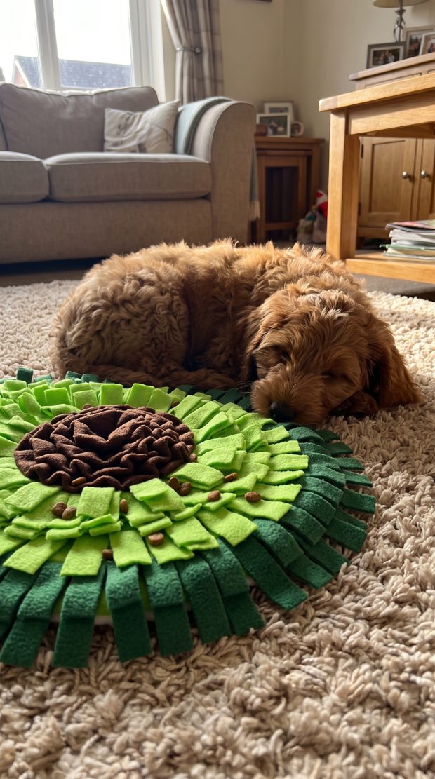 Golden retriever puppy foraging in a snuffle mat
