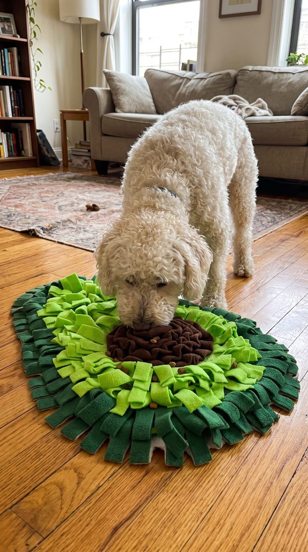 Happy terrier sniffing beside a snuffle mat