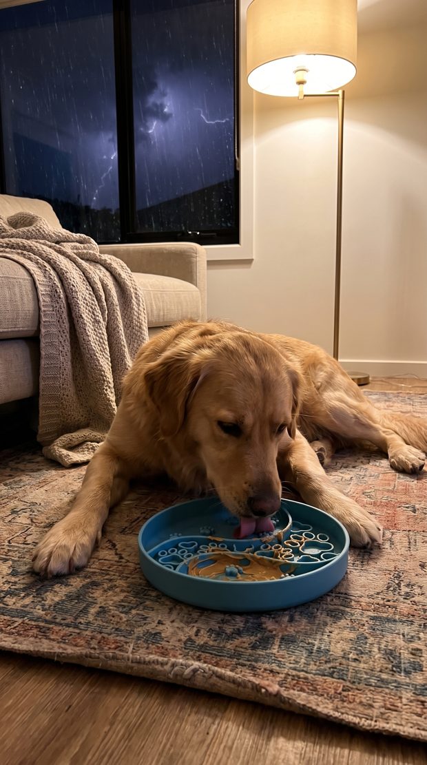 Relaxed dog resting after enrichment