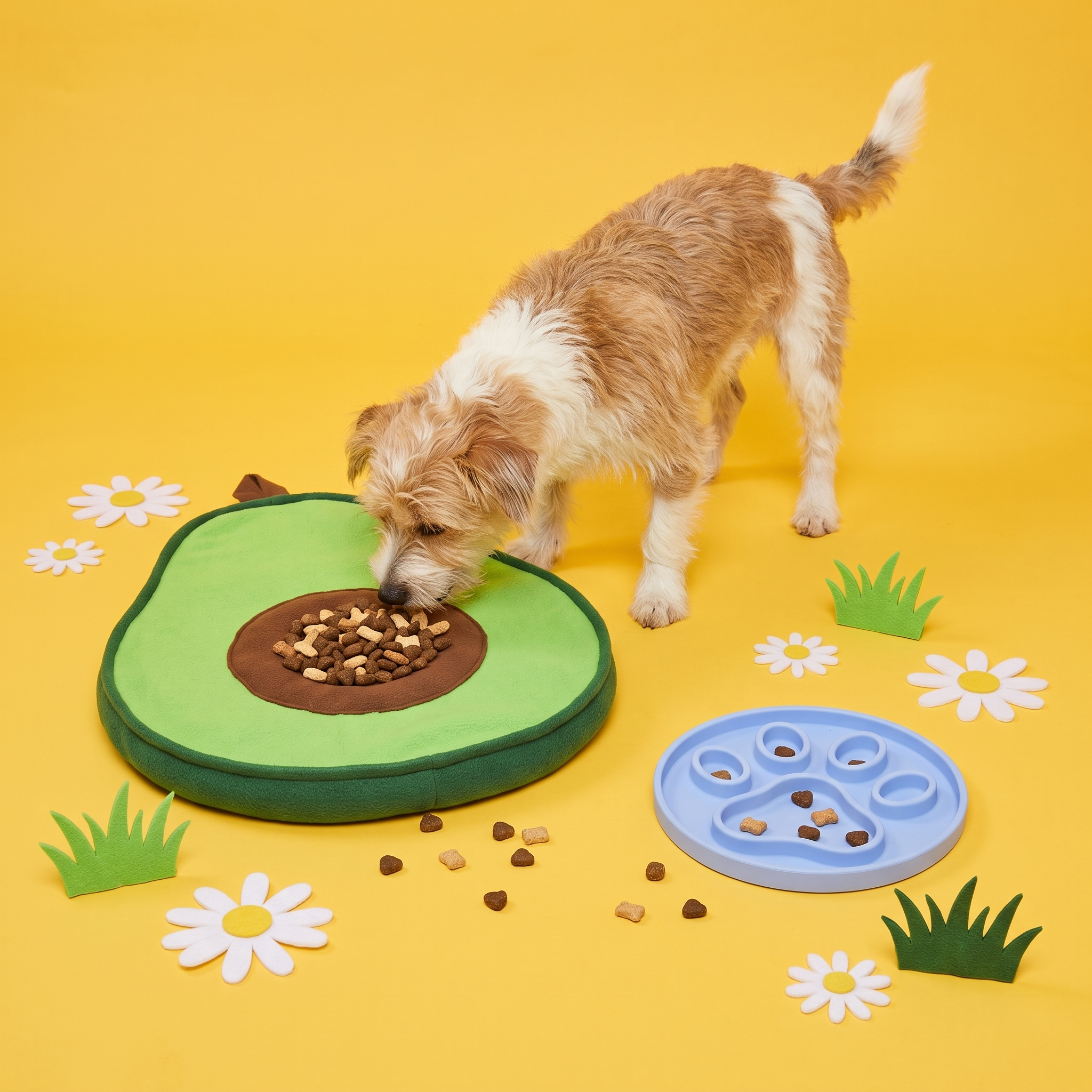 A happy dog enjoying the snuffle mat with the lick mat bowl beside it