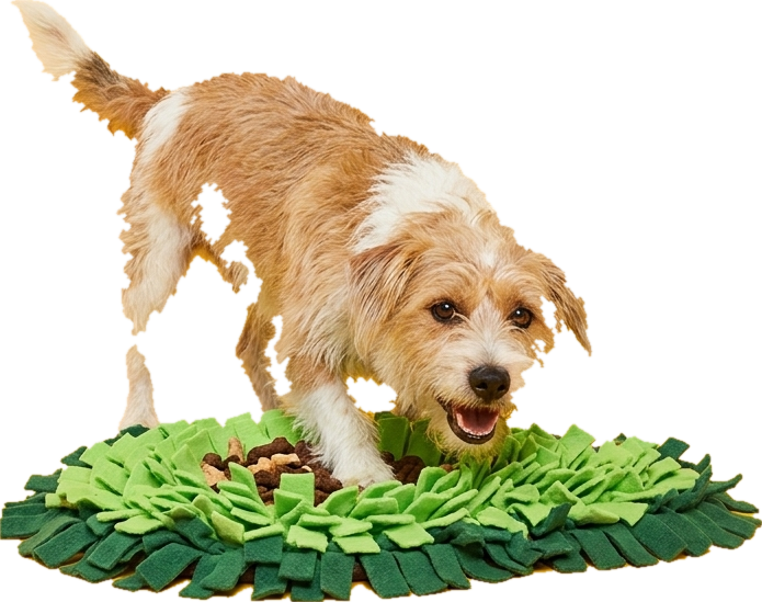 Happy dog with a TrufflePup snuffle mat
