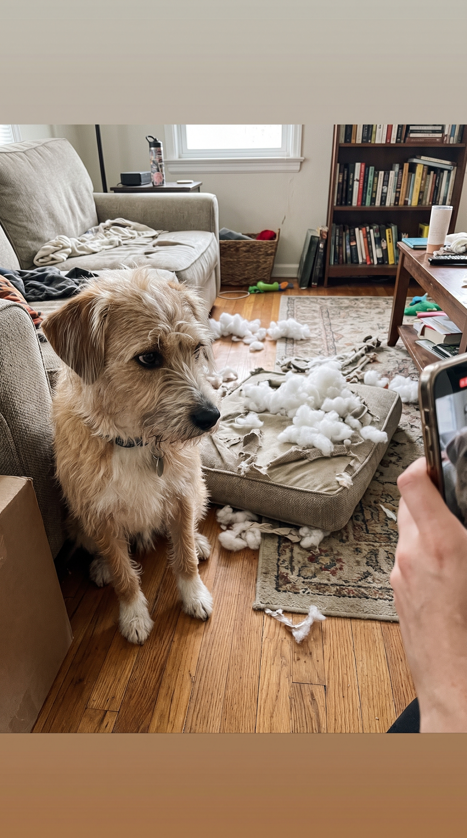 Bored dog and a destroyed cushion