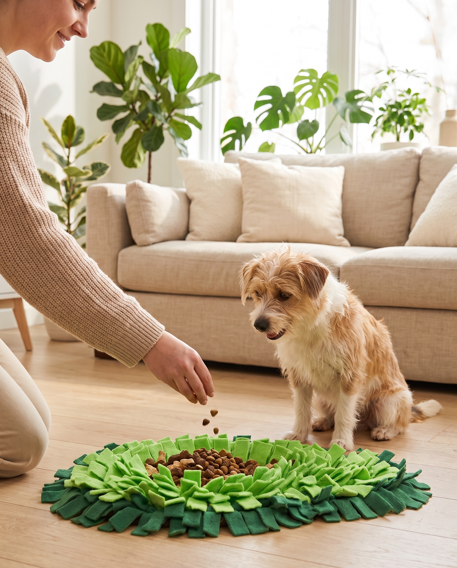 Scattering kibble into the snuffle mat