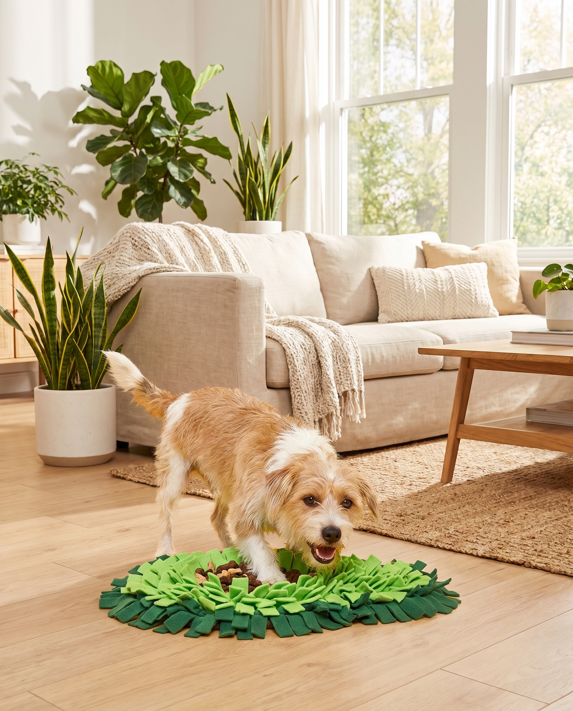 Dog hunting for food in the snuffle mat